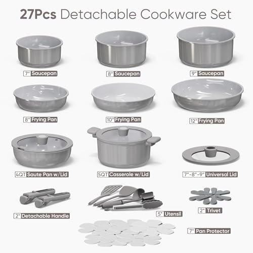 CAROTE 27pcs Ceramic Cookware Set Nonstick Pots and Pans Set Non Stick Non Toxic Cookware Detachable Handles DishwasherOven Safe RVCamping Cookware with Kitchen Utensils Gray - Image 3