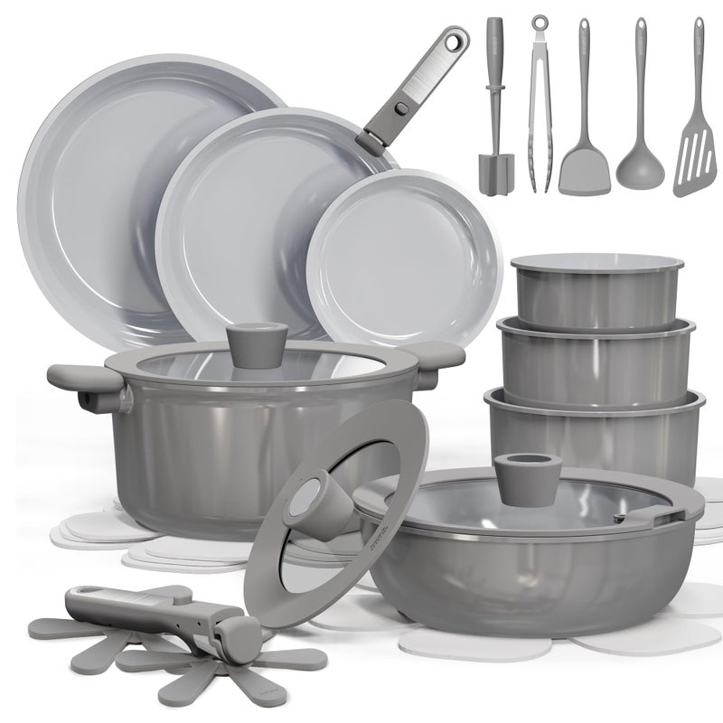 CAROTE 27pcs Ceramic Cookware Set Nonstick Pots and Pans Set Non Stick Non Toxic Cookware Detachable Handles DishwasherOven Safe RVCamping Cookware with Kitchen Utensils Gray - Image 2