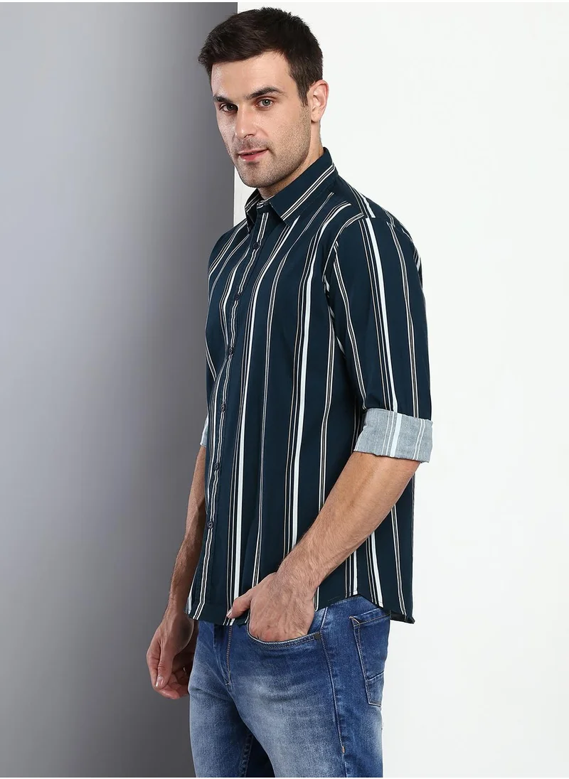 دينيس لينغو Slim Fit Navy Men's Solid Shirt, Spread Collar, Full Sleeves, 100% Cotton