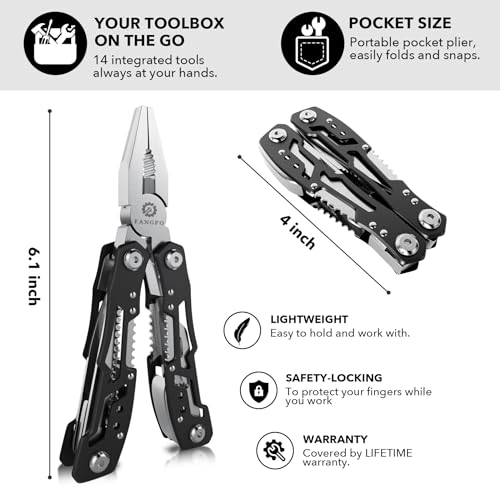 fangfo 14-In-1 Multitool with Safety Locking, Professional Stainless Steel Multitool Pliers Pocket Knife, Bottle Opener, Screwdriver with Nylon Sheath ，Apply to Survival,Camping, Hunting and Hiking 1 Pcs - Image 3