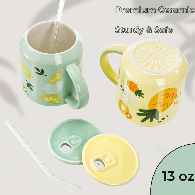 Tlence 2 Pack Cute Ceramic Mugs with Lid and Straw, 13 OZ Pineapple Lemon Pattern Coffee Cup, Fruits Tea Cups with Handle, Kawaii Pottery Mug for Hot Chocolate Milk, Travel Mugs for Christmas Gift - Image 5