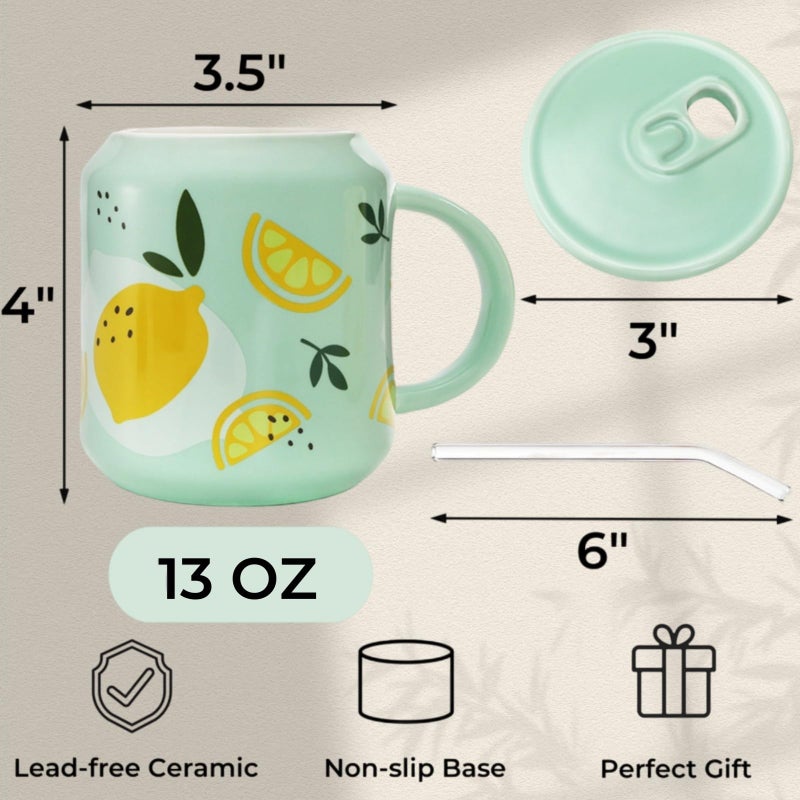 Tlence 2 Pack Cute Ceramic Mugs with Lid and Straw, 13 OZ Pineapple Lemon Pattern Coffee Cup, Fruits Tea Cups with Handle, Kawaii Pottery Mug for Hot Chocolate Milk, Travel Mugs for Christmas Gift - Image 2