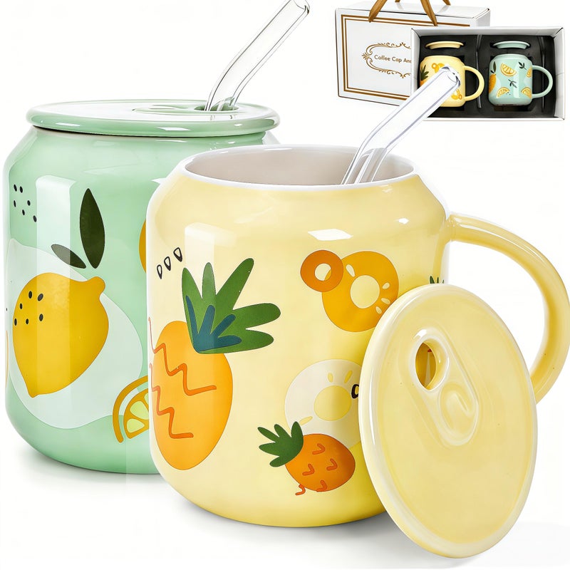 Tlence 2 Pack Cute Ceramic Mugs with Lid and Straw, 13 OZ Pineapple Lemon Pattern Coffee Cup, Fruits Tea Cups with Handle, Kawaii Pottery Mug for Hot Chocolate Milk, Travel Mugs for Christmas Gift - Image 1