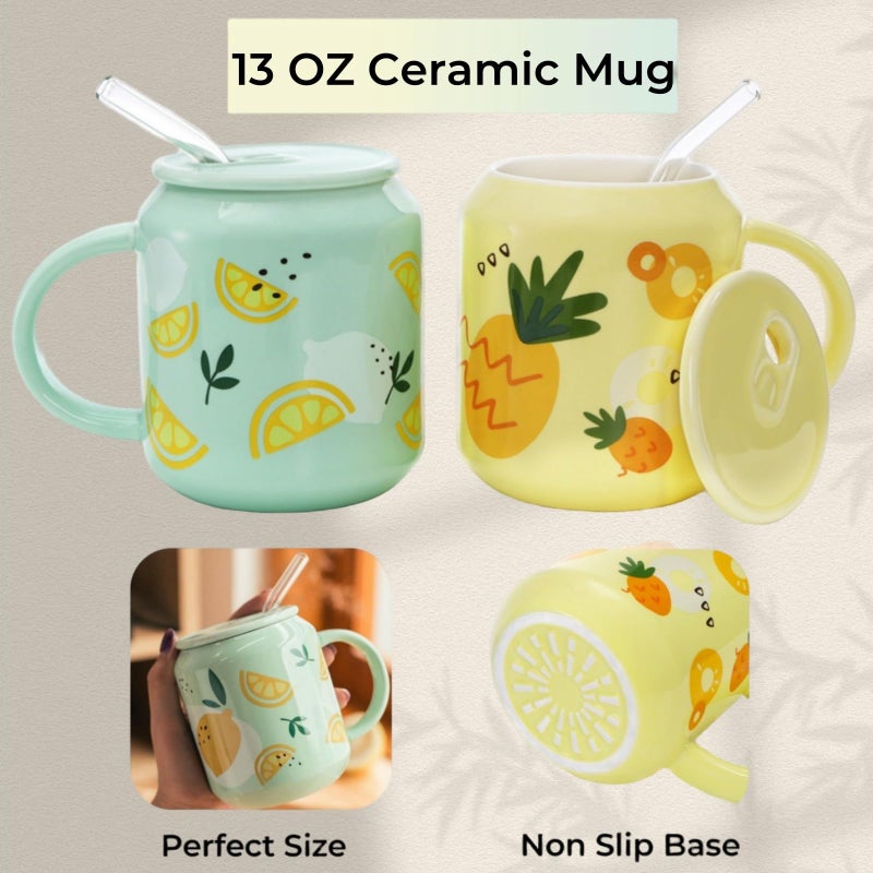 Tlence 2 Pack Cute Ceramic Mugs with Lid and Straw, 13 OZ Pineapple Lemon Pattern Coffee Cup, Fruits Tea Cups with Handle, Kawaii Pottery Mug for Hot Chocolate Milk, Travel Mugs for Christmas Gift - Image 3