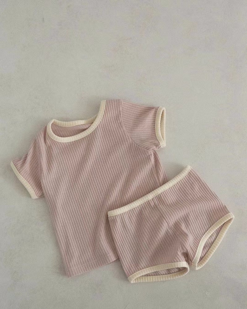 Korean Ins Solid Candy Edge Tee Shorts Set Light purple 