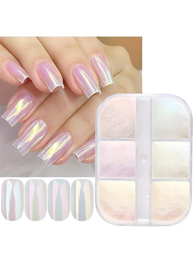 اتش واي 6 ألوان كروم مسحوق الأظافر ميتاليك تأثير المرآة أورورا ماجيك بيرل كروم الأظافر مسحوق لطلاء جل فن الأظافر ، مسحوق الكروم المتقزح المعدني مسحوق الأظافر قزحي الألوان - Image 1