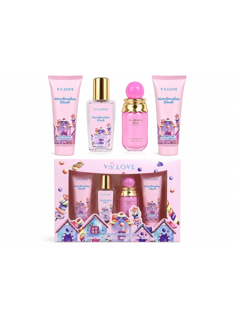 طقم هدايا مارشميلو بلاش من في في لوف - 4 قطع (عطر، رذاذ عطري، لوشن للجسم، وجل استحمام)