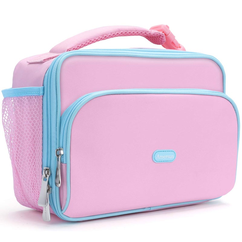 Amersun Kids Lunch Box Insulated School Lunch Bag with Padded Liner Keeps Food Warm Cold Longer TimeSmall Waterresistant Thermal Travel Office Lunch Cooler for Teen Girls2 PocketsPink