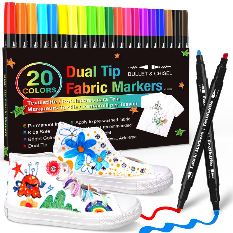 KERIFI Dual Tip Fabric Markers Permanent for Clothes, 20 Colors Fabric Decorating Paint Pens for Kids, T-Shirt Shoe Markers for Sneakers Clothing Canvas Textile Bibs Coloring Book (Chisel & Fine Tip) - Image 1
