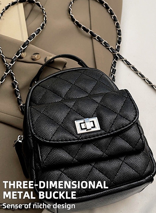 Women'S Mini Quilted Backpack | Convertible Chain Shoulder Bag | Small Pu Leather Backpack | Chic And Versatile Crossbody Bag | Fashion Backpack | Mini Diamond Chain Handbag | Versatile And Stylish Shoulder Bag Black - Image 2