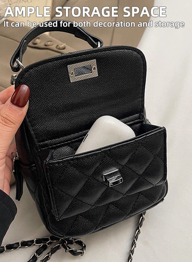 Women'S Mini Quilted Backpack | Convertible Chain Shoulder Bag | Small Pu Leather Backpack | Chic And Versatile Crossbody Bag | Fashion Backpack | Mini Diamond Chain Handbag | Versatile And Stylish Shoulder Bag Black - Image 4