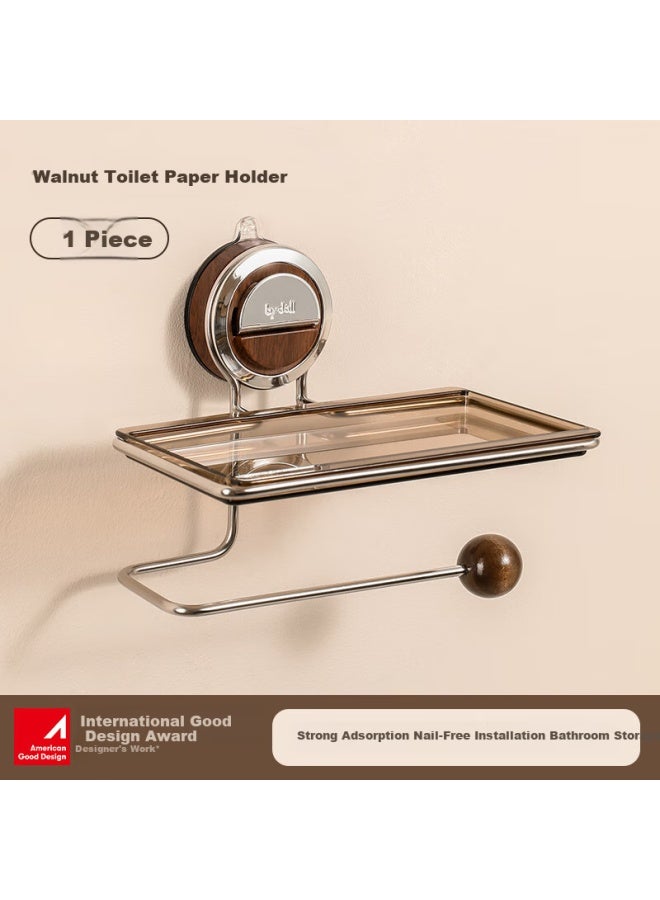 Bydoll Vintage-style Suction Cup Bathroom Toilet Paper Holder, No Drilling Required, Stainless Steel Wall-mounted Storage Rack For Tissue Paper, Walnut Color - Image 1