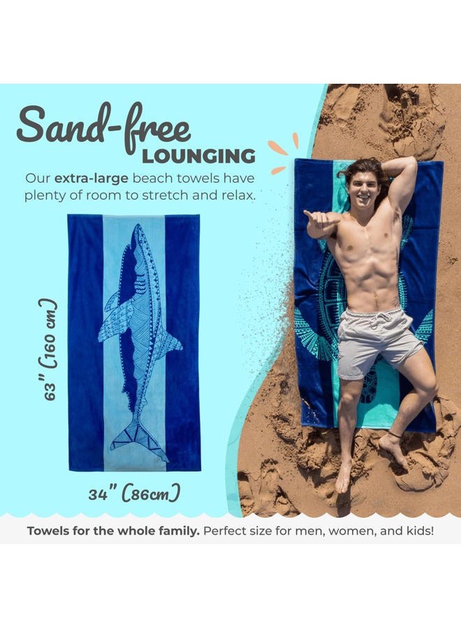 Nova Blue Shark Beach Towel – Blue with A Tropical Design, Extra Large, XL (34”x 63”) Cool Hawaiian, Navy Beach Towel with Light Blue Stripe, Made from 100% Cotton - Image 3