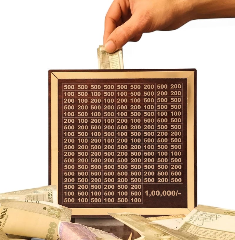 Glancestore Golden Frame Wooden Money Saving Box with Savings Chart 1 Lakh Rupee Tracker Wooden Piggy Bank for Kids Adults Coin Box with Carved Design Savings Box Mini Bank Donation BoxEducational - Image 1