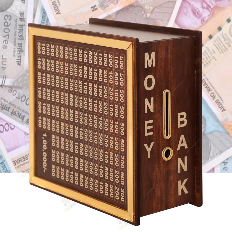 Glancestore Golden Frame Wooden Money Saving Box with Savings Chart 1 Lakh Rupee Tracker Wooden Piggy Bank for Kids Adults Coin Box with Carved Design Savings Box Mini Bank Donation BoxEducational - Image 4