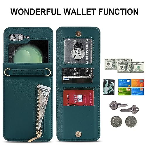 XIMAND for Samsung Galaxy Z Flip 6 Luxury Zipper Wallet Phone Case MultiFunction Kickstand Card Holder Adjustable Crossbody Strap Fashion Flip CaseGreen - Image 3