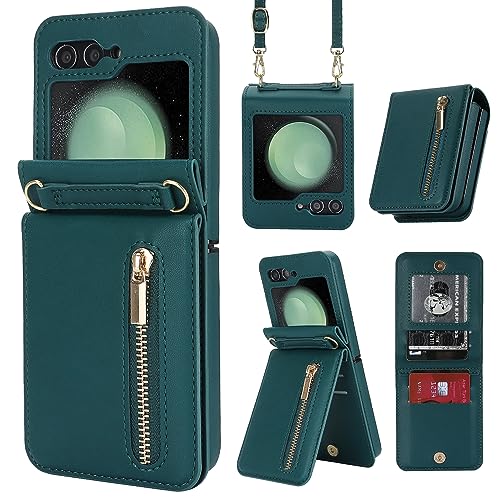XIMAND for Samsung Galaxy Z Flip 6 Luxury Zipper Wallet Phone Case MultiFunction Kickstand Card Holder Adjustable Crossbody Strap Fashion Flip CaseGreen - Image 1