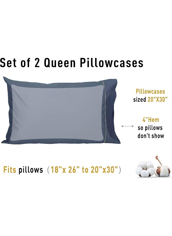 Sunflower - Sunflower Pillow Cases Queen Set of 2, 100% Cotton Queen Pillowcases, 20×30 inches with Silver Trim, Soft and Breathable, Solid Blue Indigo - Image 1