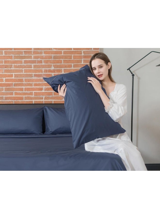 Sunflower - Sunflower Pillow Cases Queen Set of 2, 100% Cotton Queen Pillowcases, 20×30 inches with Silver Trim, Soft and Breathable, Solid Blue Indigo - Image 1