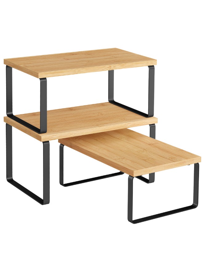 SONGMICS منظم خزائن المطبخ من سونغميكس، مجموعة من 3 رفوف تخزين على الطاولة، قابلة للتكديس، رفوف توابل قابلة للتوسيع، معدنية وخشب مصنّع، أبيض سحابي وبيج طبيعي - Image 1