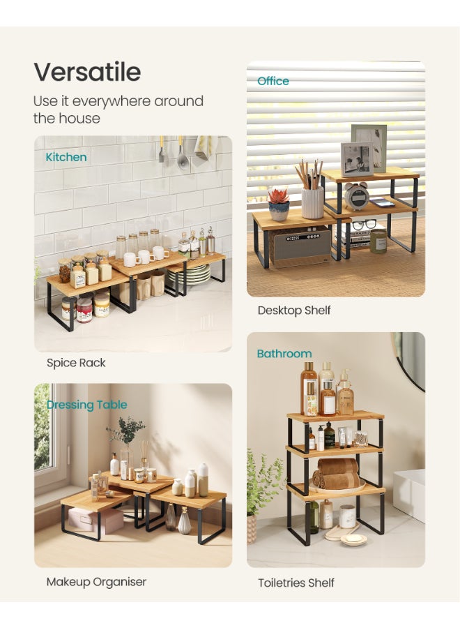 SONGMICS منظم خزائن المطبخ من سونغميكس، مجموعة من 3 رفوف تخزين على الطاولة، قابلة للتكديس، رفوف توابل قابلة للتوسيع، معدنية وخشب مصنّع، أبيض سحابي وبيج طبيعي - Image 4