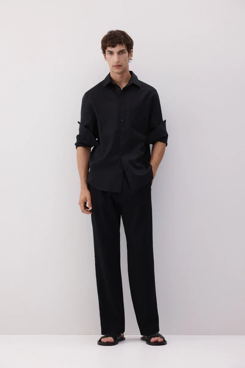 اتش اند ام قميص بقصّة عادية من مزيج الكتان