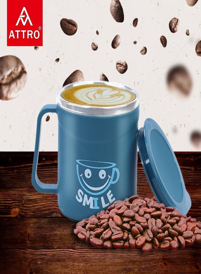 Attro Happy Mug Comes with Double Wall Inner Stainless Still & Lid Stylish Cup Ideal for Hot Coffee, Tea - Blue - Plastic, 300 Ml - Image 2