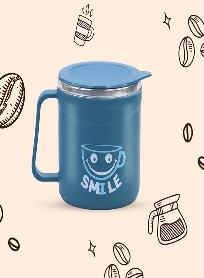 Attro Happy Mug Comes with Double Wall Inner Stainless Still & Lid Stylish Cup Ideal for Hot Coffee, Tea - Blue - Plastic, 300 Ml - Image 1