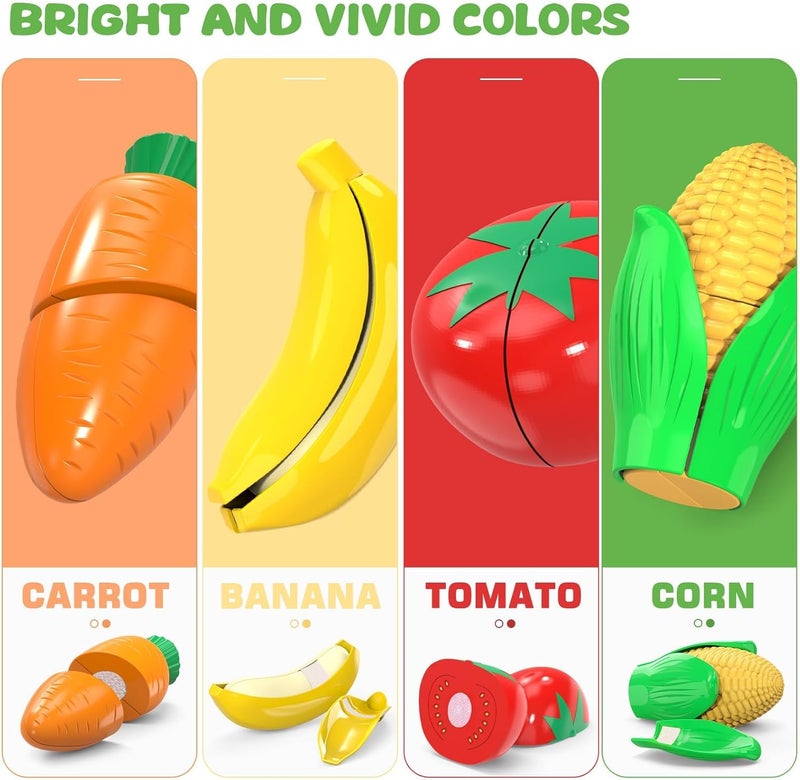 MOEAWS Cutting Play Food Toys For Kids, Pretend Play Kitchen Accessories, Fake Fruits/Vegetables Set With Shopping Storage Basket, Plastic Board And Knife, Birthday Gifts/Educational Toy For Toddler Children - Image 4