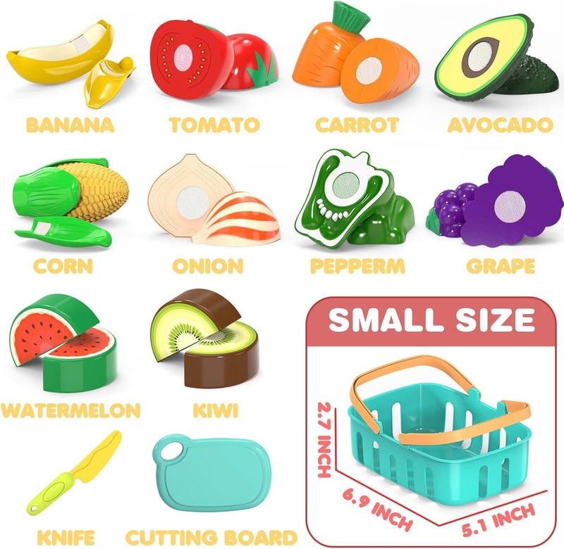 MOEAWS Cutting Play Food Toys For Kids, Pretend Play Kitchen Accessories, Fake Fruits/Vegetables Set With Shopping Storage Basket, Plastic Board And Knife, Birthday Gifts/Educational Toy For Toddler Children - Image 3