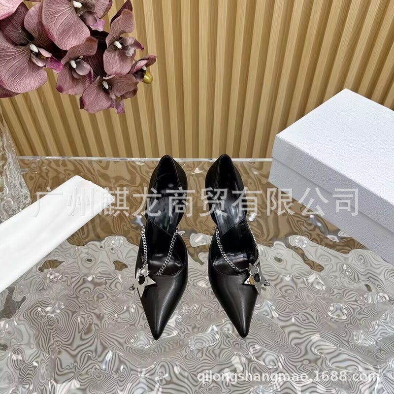 High-End Quality Genuine Leather Pointed Toe Shallow Mouth Mid-Ancient Style High Heels Star Chain Stiletto Heel Side Empty Shoes - Image 4