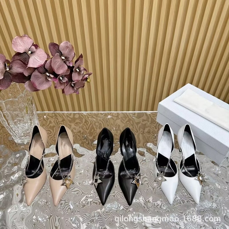 High-End Quality Genuine Leather Pointed Toe Shallow Mouth Mid-Ancient Style High Heels Star Chain Stiletto Heel Side Empty Shoes - Image 2