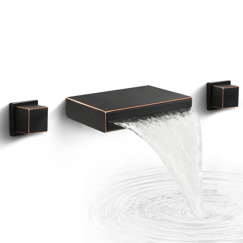 SKOWLL Wall Mounted Sink Faucet Modern Waterfall Bathroom Faucet 2 Handle Widespread Faucets for Bathroom Sink 3 Holes Tub Filler Oil Rubbed Bronze Finished