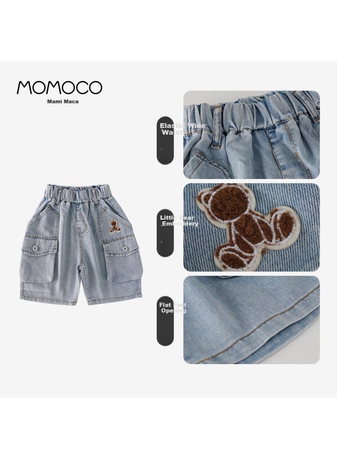 momoco Mami Maka Momoco Boys' Jeans, Five-point Shorts, Summer New Fashion Cargo Shorts, Blue, Size 140 - Image 2