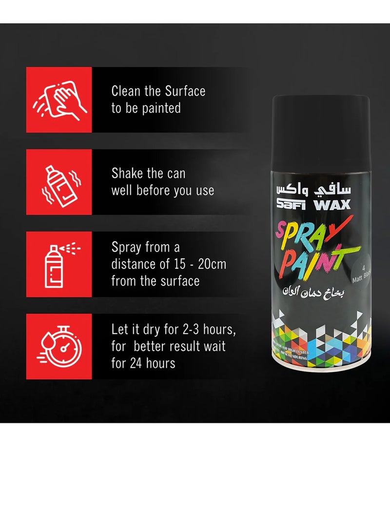 سافي واكس طلاء بخاخ شمعي من صافي، أسود مطفي، عبوة من 4 قطع، سعة 400 مل | سريع الجفاف، يدوم طويلًا، بلمسة نهائية فائقة الجودة | مناسب للاستخدام على أسطح متعددة، على المعادن والخشب والزجاج والقماش والجدران | مثالي لتلميع السيارات، وديكورات المنزل، والمشاريع المنزلية، والتطبيقات الصناعية. - Image 2