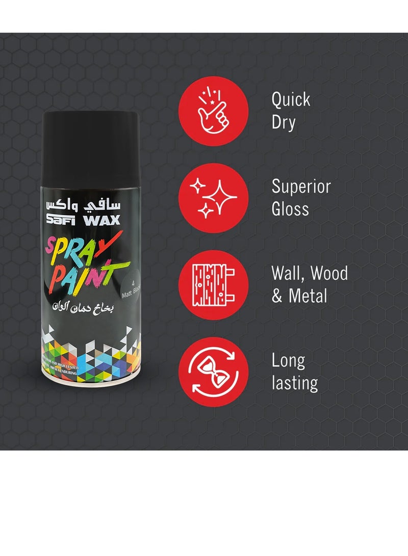 سافي واكس طلاء بخاخ شمعي من صافي، أسود مطفي، عبوة من 4 قطع، سعة 400 مل | سريع الجفاف، يدوم طويلًا، بلمسة نهائية فائقة الجودة | مناسب للاستخدام على أسطح متعددة، على المعادن والخشب والزجاج والقماش والجدران | مثالي لتلميع السيارات، وديكورات المنزل، والمشاريع المنزلية، والتطبيقات الصناعية. - Image 3