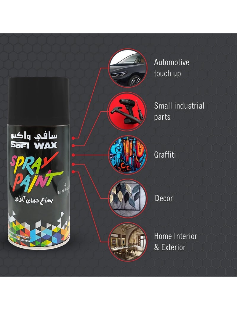 سافي واكس طلاء بخاخ شمعي من صافي، أسود مطفي، عبوة من 4 قطع، سعة 400 مل | سريع الجفاف، يدوم طويلًا، بلمسة نهائية فائقة الجودة | مناسب للاستخدام على أسطح متعددة، على المعادن والخشب والزجاج والقماش والجدران | مثالي لتلميع السيارات، وديكورات المنزل، والمشاريع المنزلية، والتطبيقات الصناعية. - Image 4