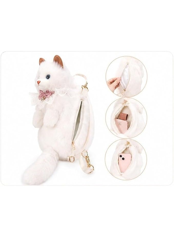 Realistic Plush Cat Backpack for Women & Girls, Cute 3D Animal Kitten Shoulder Sling Bag, Soft Faux Fur Stuffed Cat Crossbody Bag for Travel, Cosplay & Novelty Gifting - Pure White - Image 3