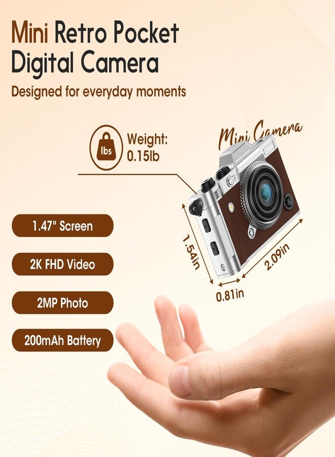 Dienspeak Tiny Digital Camera, Vintage Mini Keychain Camera for Teens & Beginners, Premium Leather Portable Small Camcorder with 16GB Card, 2K HD Video Recorder for Travel and Vlogging, Brown - Image 2