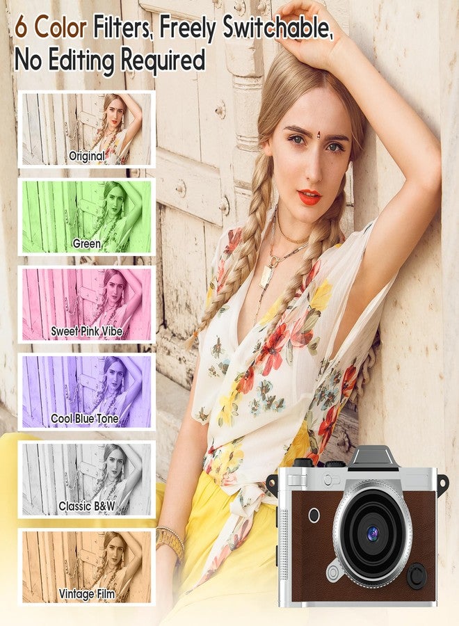 Dienspeak Tiny Digital Camera, Vintage Mini Keychain Camera for Teens & Beginners, Premium Leather Portable Small Camcorder with 16GB Card, 2K HD Video Recorder for Travel and Vlogging, Brown - Image 5