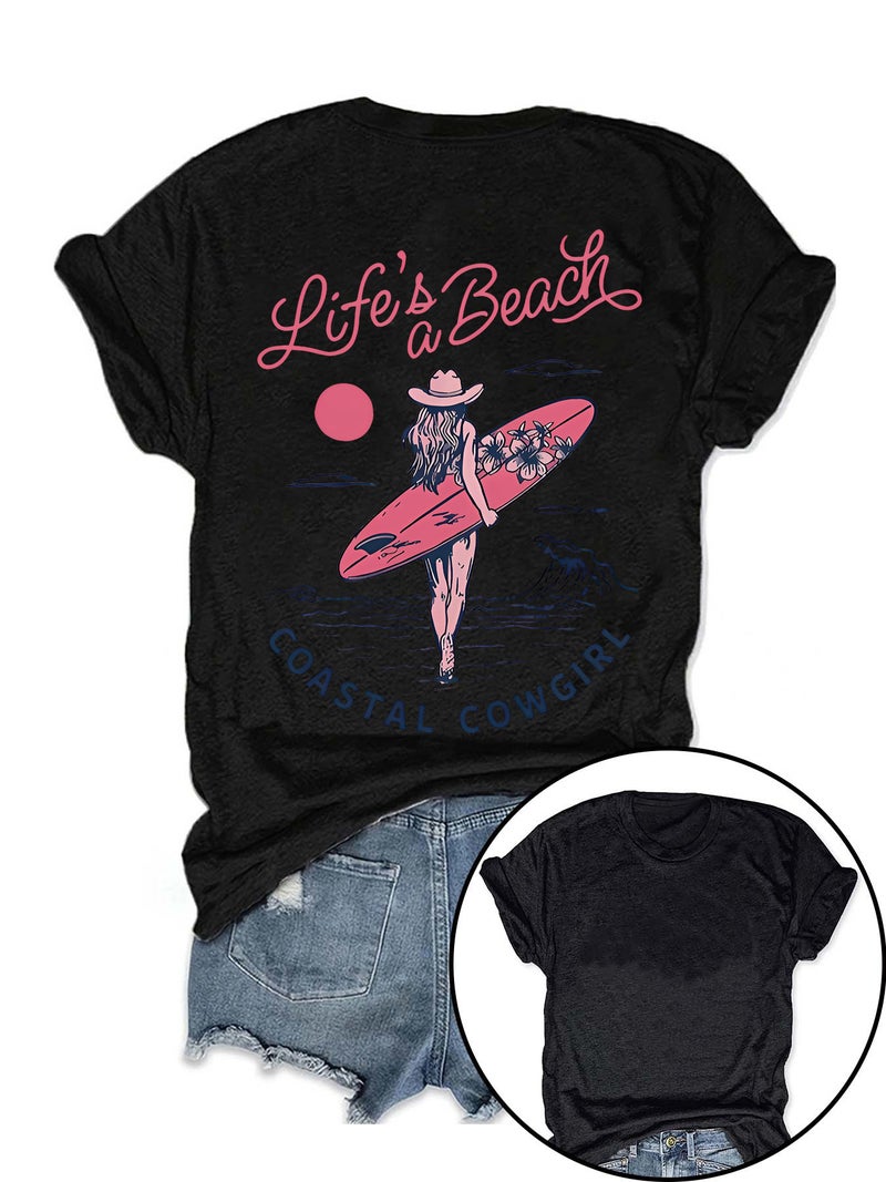 Summer Women'S Pattern Surf Printing Round Neck Short Sleeve Casual Fashion Explosion T-Shirt - Image 3