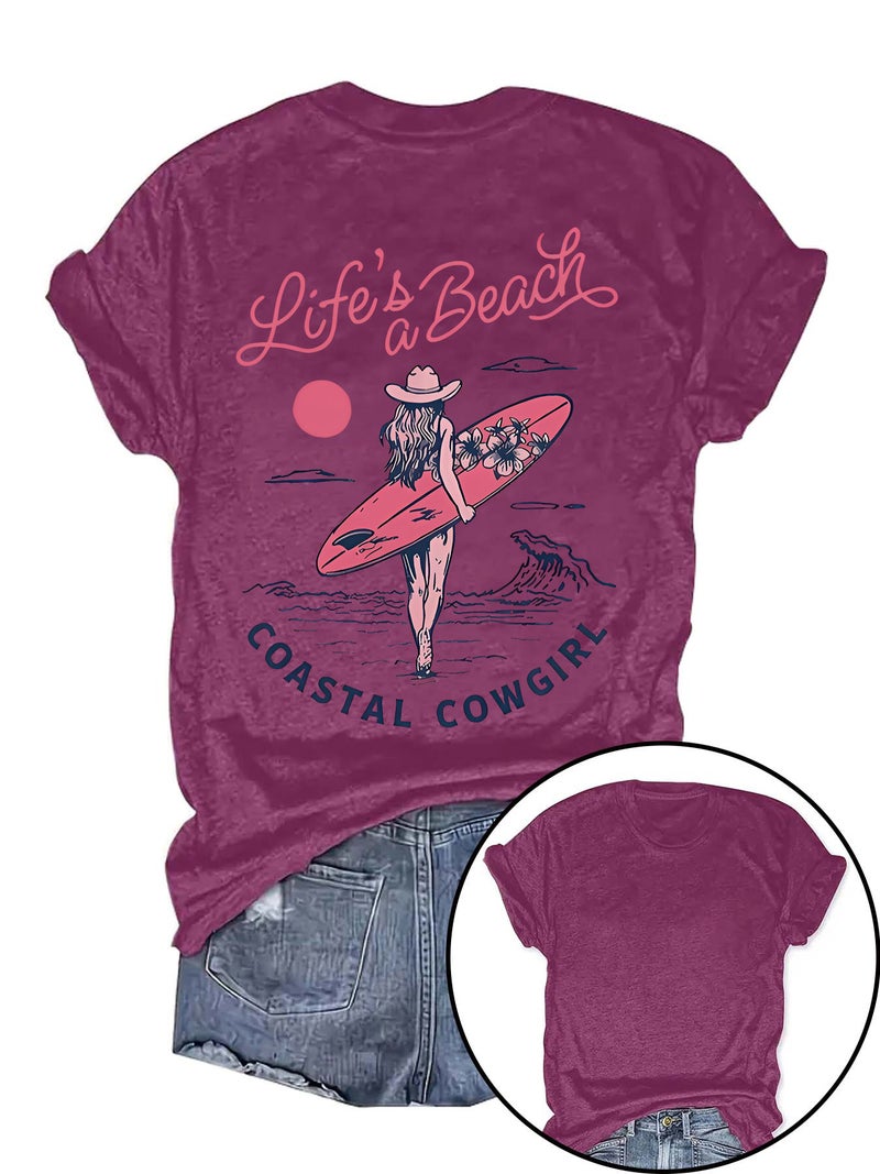 Summer Women'S Pattern Surf Printing Round Neck Short Sleeve Casual Fashion Explosion T-Shirt - Image 4