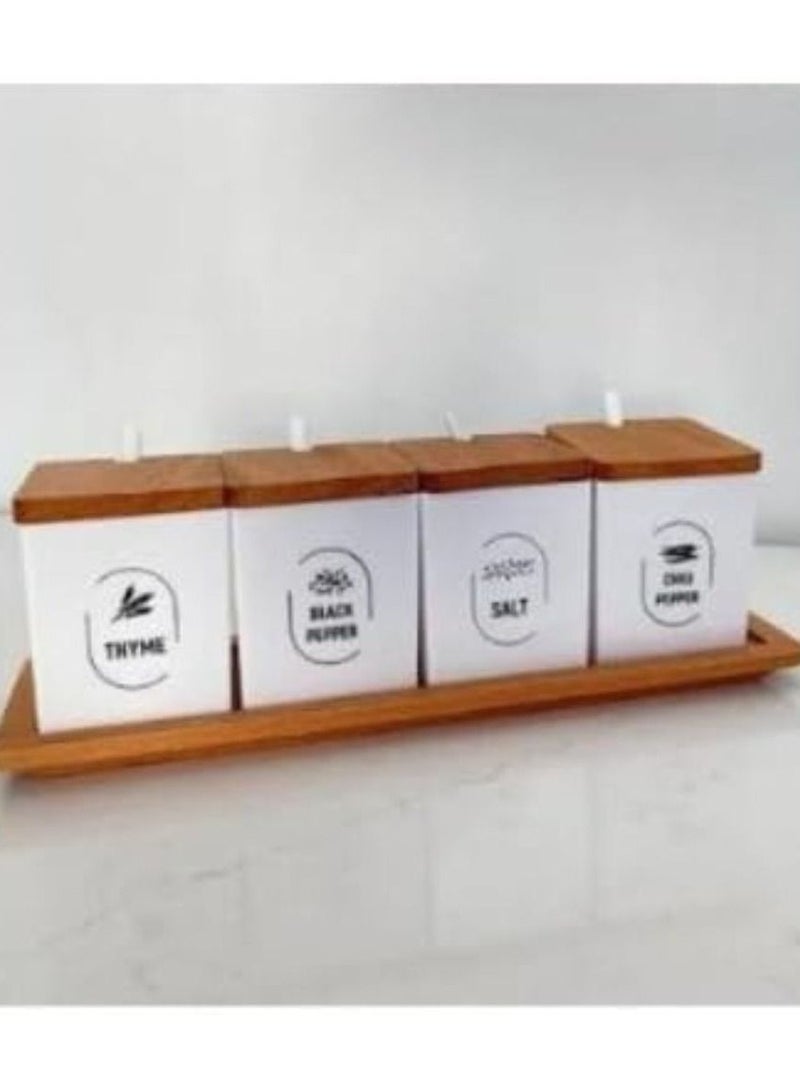 Decorative Plastic Canisters Bamboo Lids & Plastic Spoons Set of 4 Jars with Wooden Base, Hold Coffee Beans, Tea, Flour, Sugar, Nuts, Candy, Bath Salts & More, 300ML White - Image 2