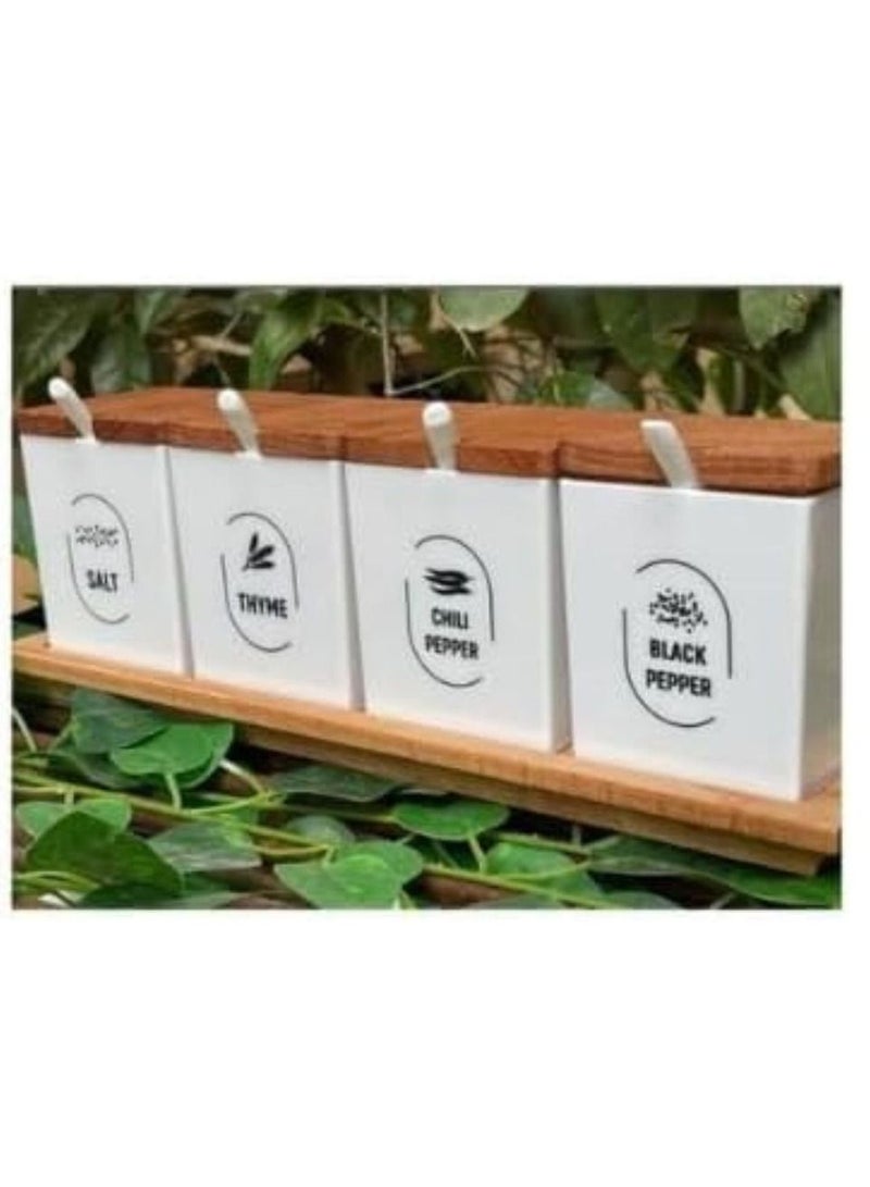 Decorative Plastic Canisters Bamboo Lids & Plastic Spoons Set of 4 Jars with Wooden Base, Hold Coffee Beans, Tea, Flour, Sugar, Nuts, Candy, Bath Salts & More, 300ML White - Image 3