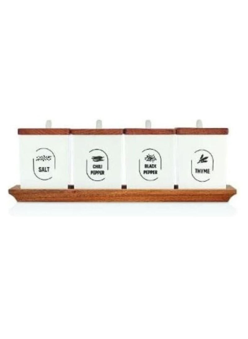 Decorative Plastic Canisters Bamboo Lids & Plastic Spoons Set of 4 Jars with Wooden Base, Hold Coffee Beans, Tea, Flour, Sugar, Nuts, Candy, Bath Salts & More, 300ML White - Image 1