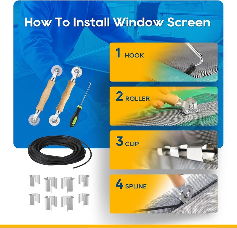 King&Charles Window Screen Door Repair/Replacement Kit, Include Black Screen Mesh 59"x106"+ 2 Roller+50Ft Spline+8Clips+Hook, 6 in 1 Window Mesh Kit, Steel/Nylon Bearing Roller - Image 2