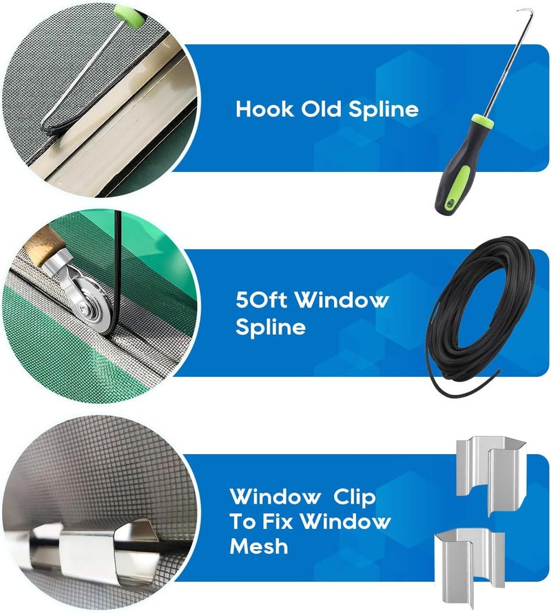 King&Charles Window Screen Door Repair/Replacement Kit, Include Black Screen Mesh 59"x106"+ 2 Roller+50Ft Spline+8Clips+Hook, 6 in 1 Window Mesh Kit, Steel/Nylon Bearing Roller - Image 5