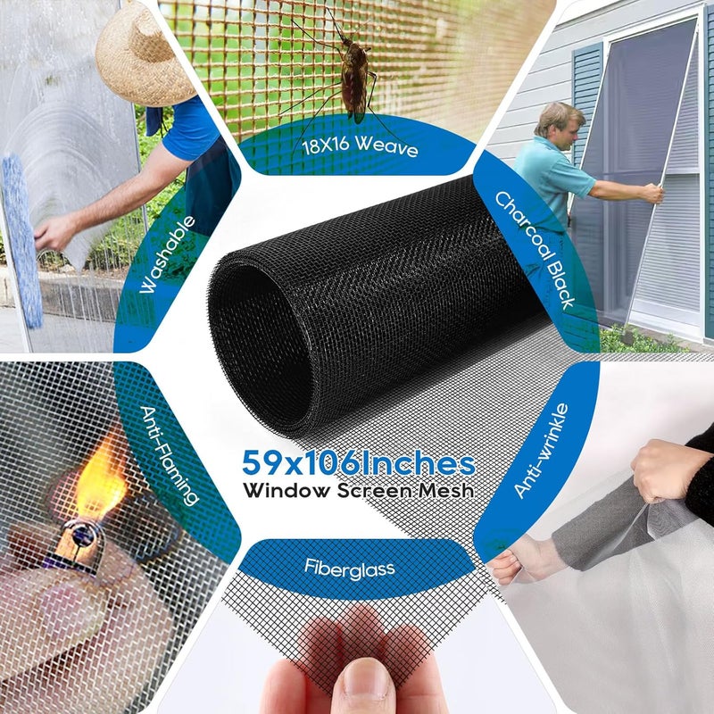 King&Charles Window Screen Door Repair/Replacement Kit, Include Black Screen Mesh 59"x106"+ 2 Roller+50Ft Spline+8Clips+Hook, 6 in 1 Window Mesh Kit, Steel/Nylon Bearing Roller - Image 3
