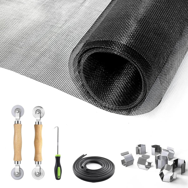 King&Charles Window Screen Door Repair/Replacement Kit, Include Black Screen Mesh 59"x106"+ 2 Roller+50Ft Spline+8Clips+Hook, 6 in 1 Window Mesh Kit, Steel/Nylon Bearing Roller - Image 1
