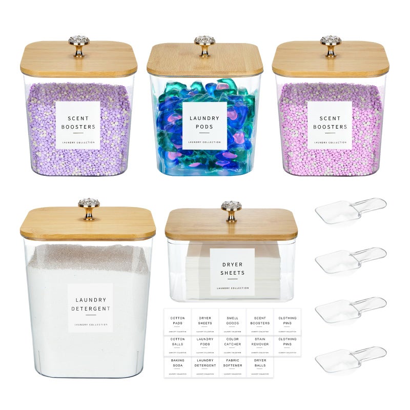 POLRAI 5 Pack Laundry Pod Containers and Dryer Sheet Holder for Laundry Room Organization Acrylic Jars with Lids and Labels for Laundry Detergent Laundry Pods Dry Sheet Organizing - Image 1